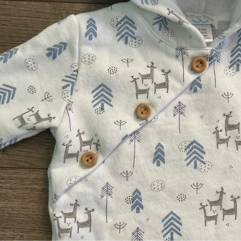 Feather Baby Woodland Deer and Trees Pima Cotton 3-6m Hooded Coverall Romper - Picture 4 of 6